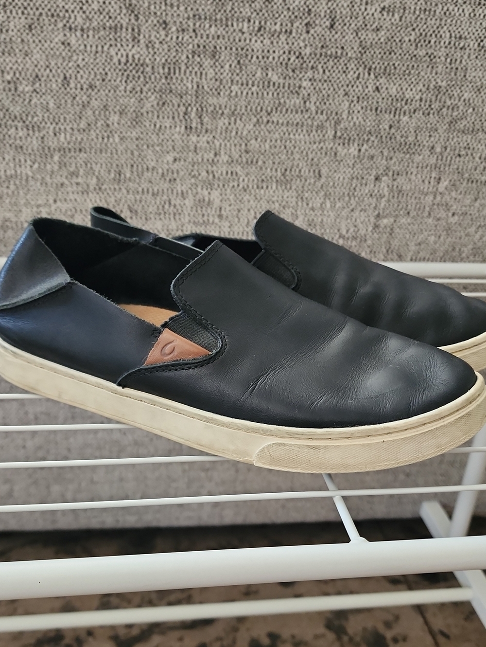 Olukai - Black Leather Slip Ons Size 8